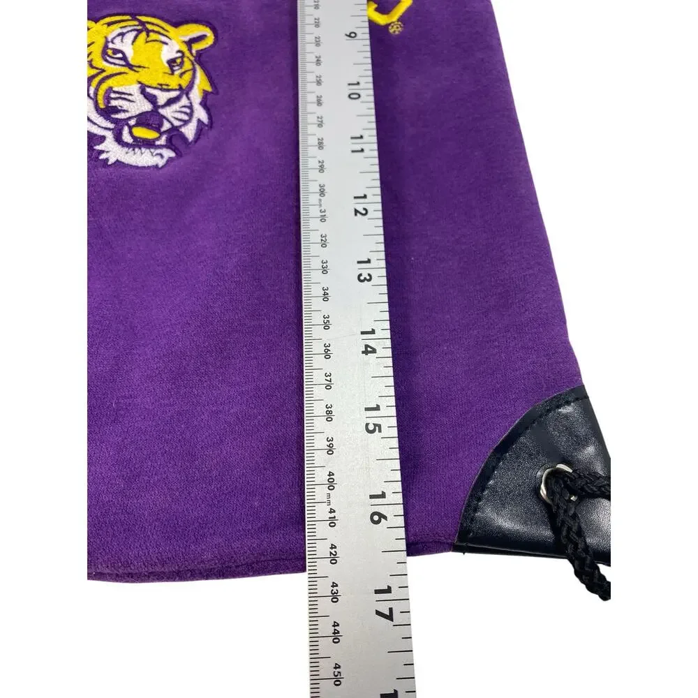 Vtg 90s LSU Tigers Unisex Drawstring Backpack Fleece Purple Spellout Cinch Bag